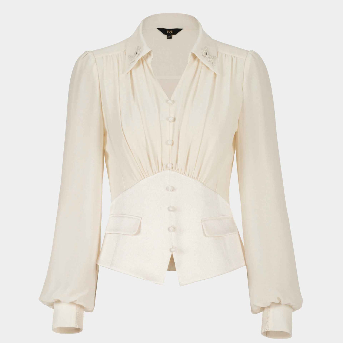 Stand Collar Lantern Sleeve Solid Color Button Shirt